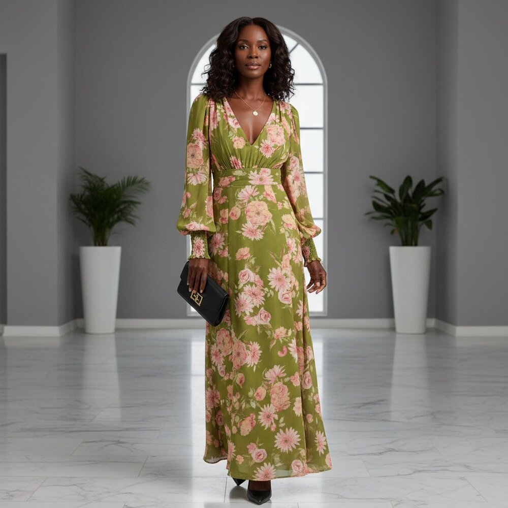 Elegant floral maxi dress - Olive color formal event guest gown - Picture 3 of 4